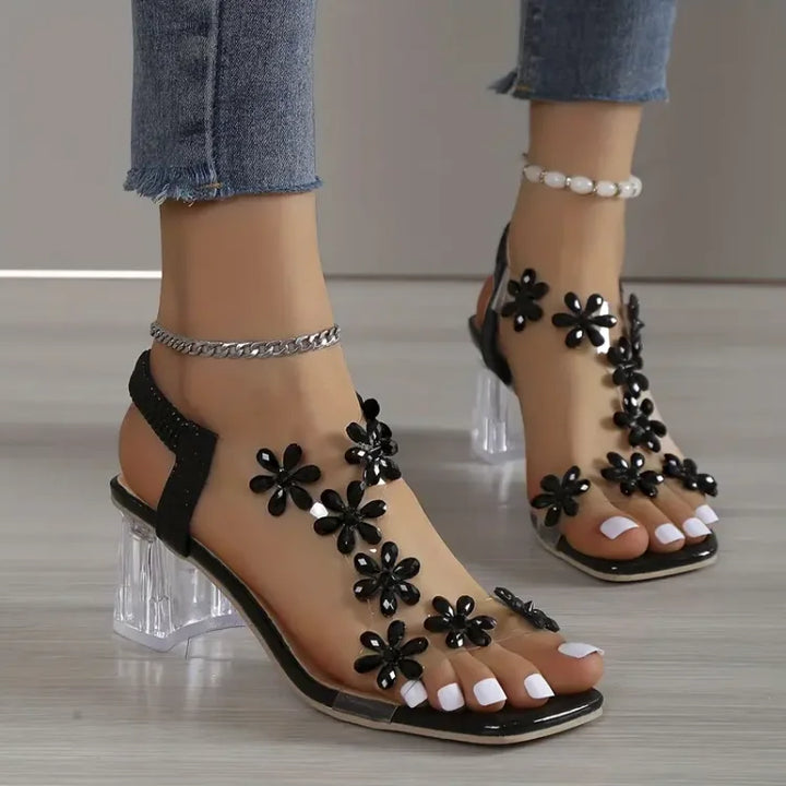 Bloemen  Strass blokhak sandalen