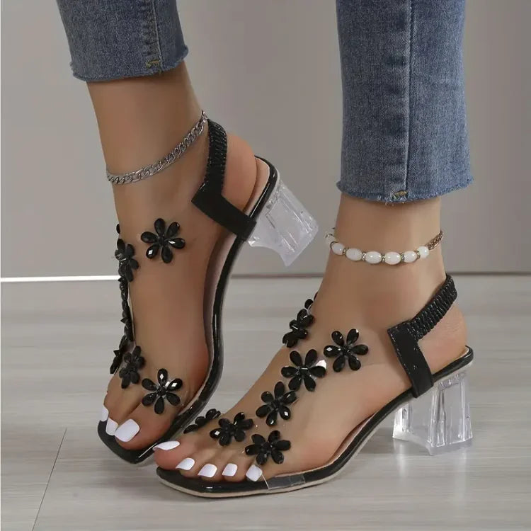 Bloemen  Strass blokhak sandalen