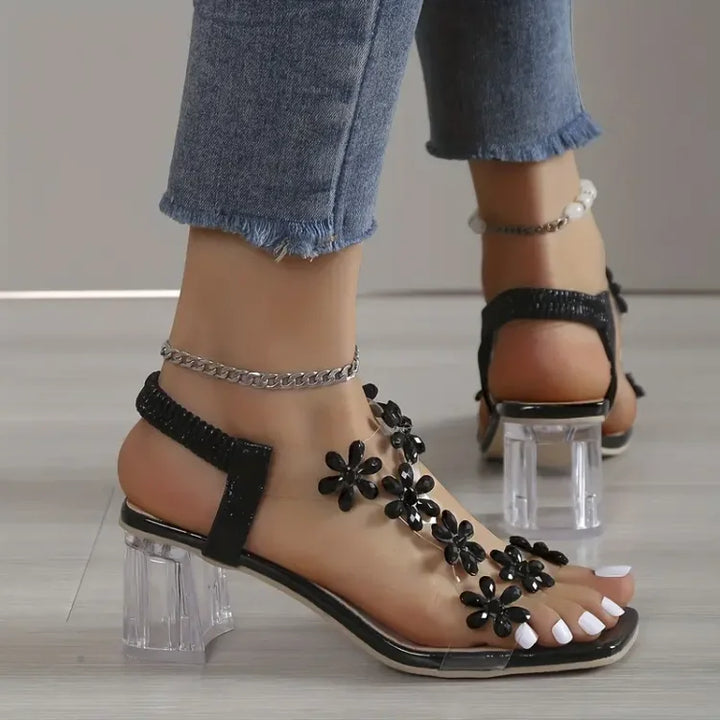 Bloemen  Strass blokhak sandalen