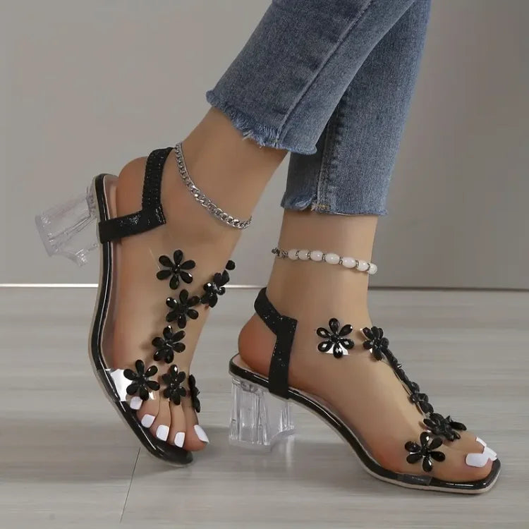 Bloemen  Strass blokhak sandalen